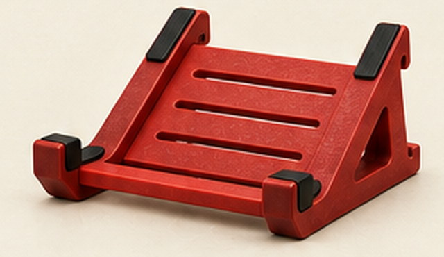A red angled stand holding a small desktop unit