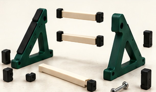 Green side frames, ivory crossbars and pads laid out before assembly