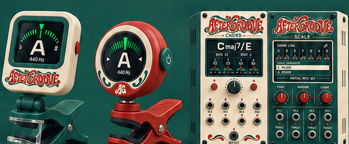 Clip-on tuner and CHORD + SCALE concept units shown together