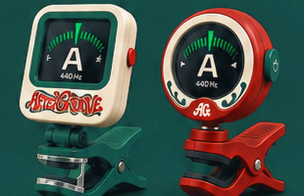 Two clip-on tuner concepts, one ivory with green and one brick red