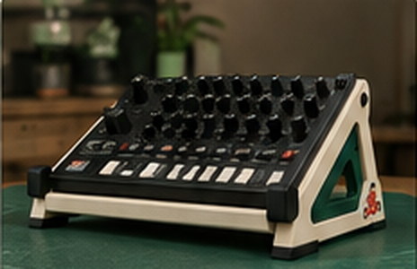 Ivory single-tier stand holding a black groovebox