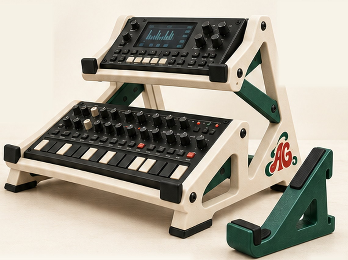 A two-tier AFTERGROOVE stand holding a groovebox and a sampler, with a green side stand in front