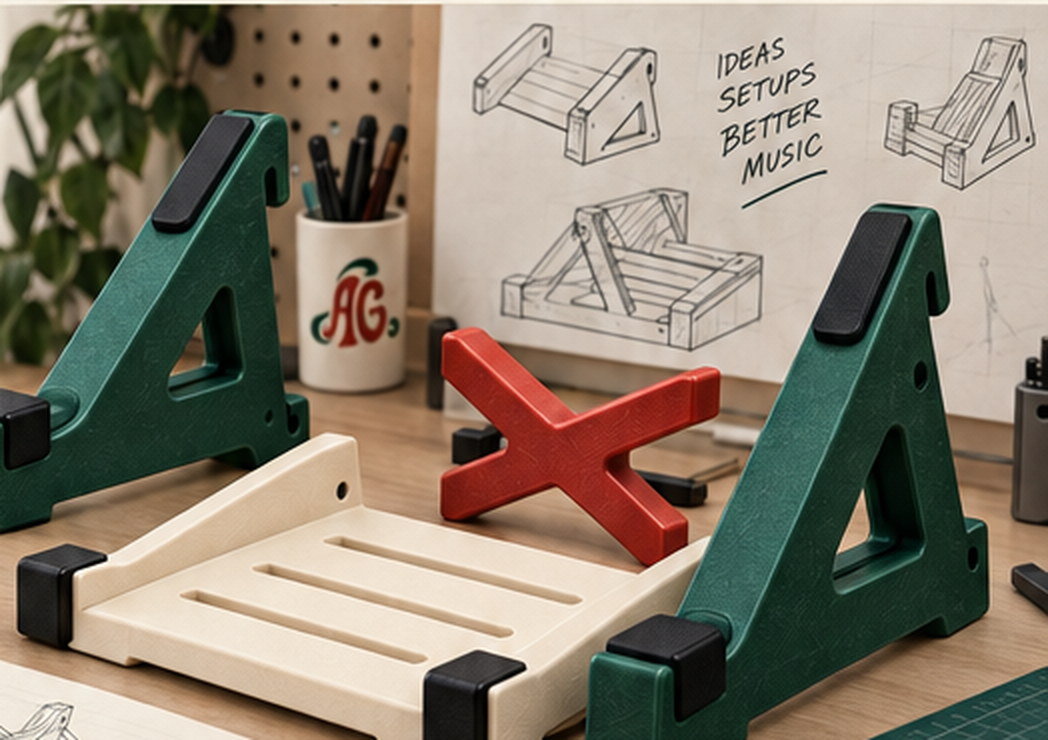Green and ivory stand parts laid out on a workbench beside hand-drawn sketches