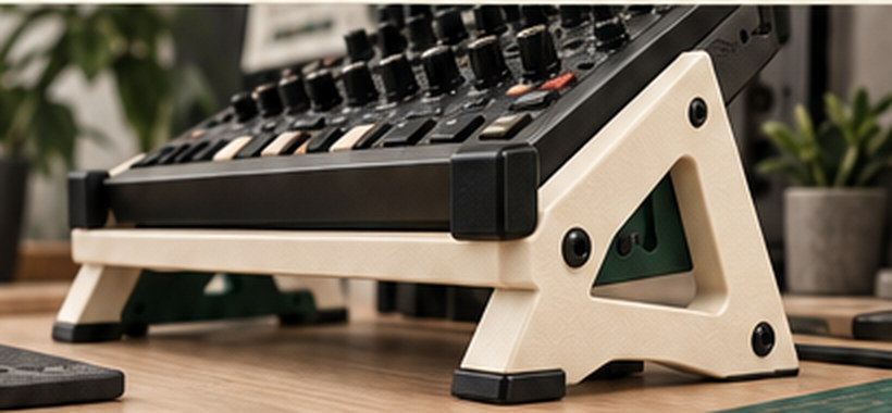 An ivory stand lifting a groovebox on a wooden desk
