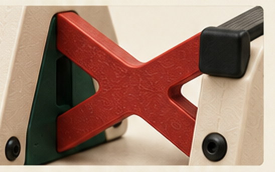 Close view of a red X brace inside an ivory stand frame